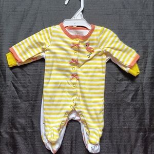 Baby Essentials Yellow & White Striped Flamingo Footie with Pink Trim